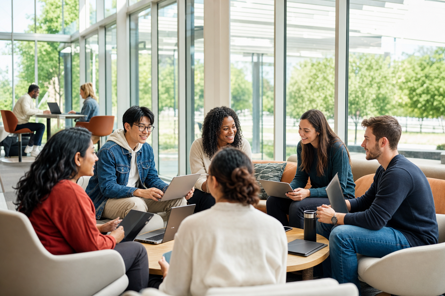 Students collaborating with laptops in a bright, modern university common area.