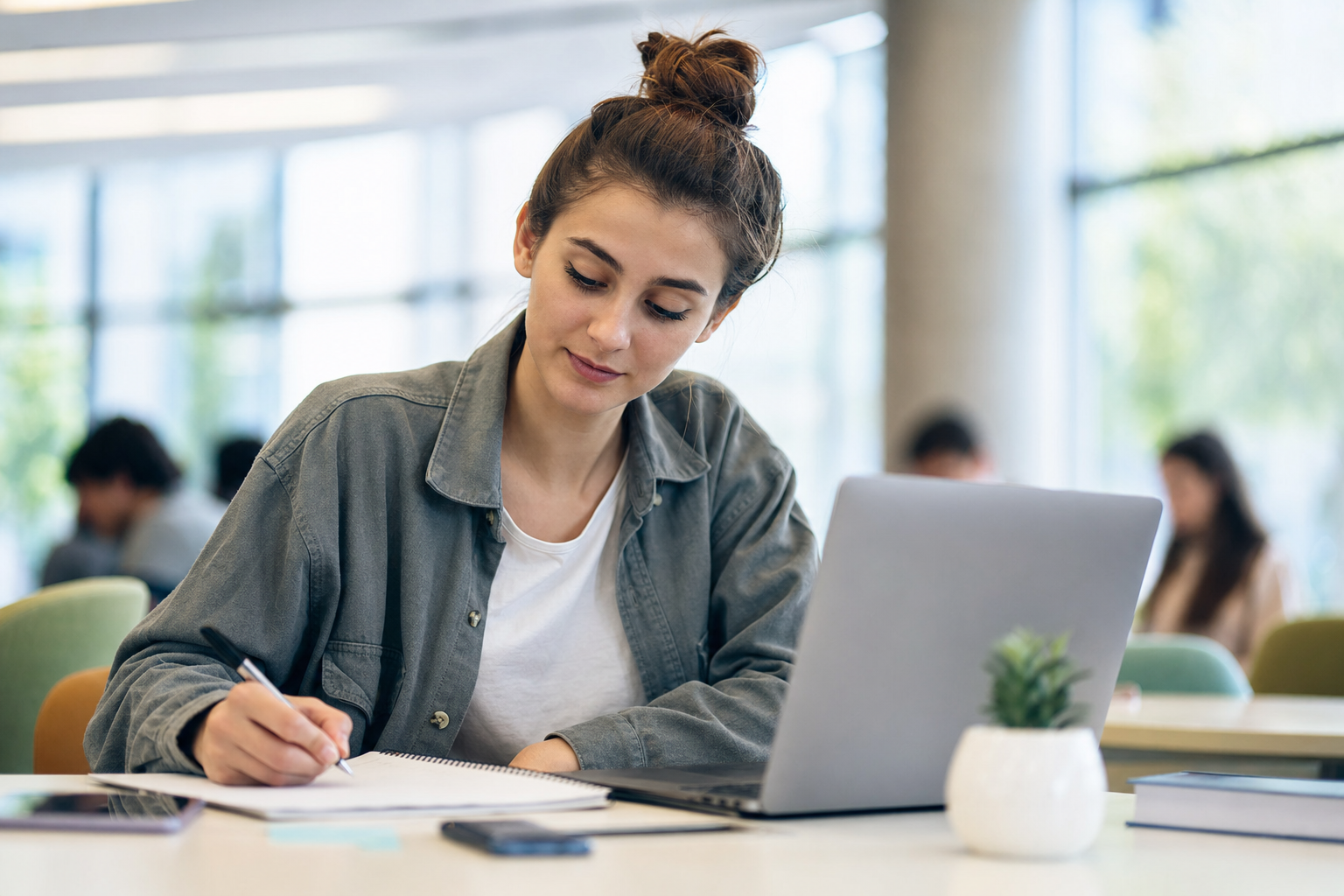 A student taking notes at a laptop in a bright, modern study space.